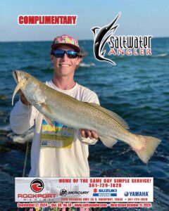 Kolton Taubert, Ingleside, Texas with a 29”+ trout caught out of the surf throwing soft plastics on Mustang Island. Trout was released to fight another day.